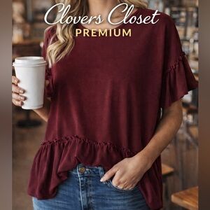 ENTRO Burgundy Peplum Babydoll Top Oversized Ruffle Hem Boutique Blouse Small